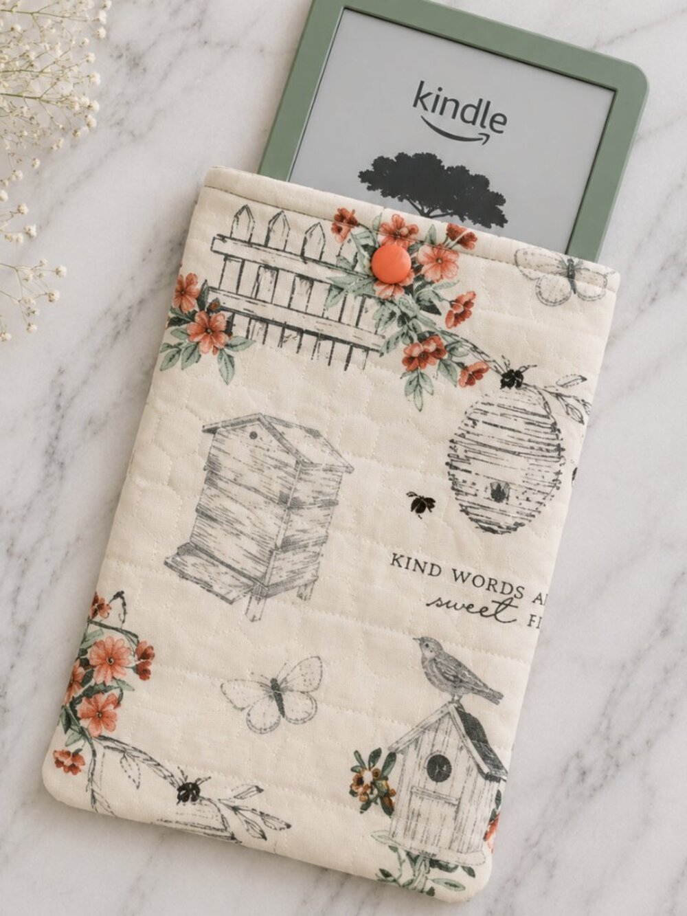 Quilted Kindle Sleeve Small, Floral Garden Pouch, Cottagecore